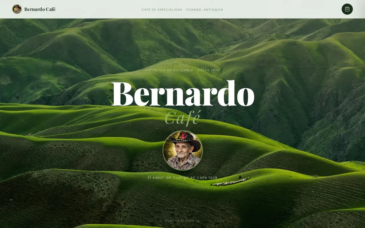 Portada del sitio de Bernardo Café: montañas verdes de Ituango con el nombre de la marca